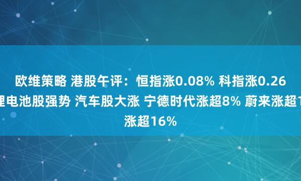 欧维策略 港股午评:恒指涨0.08% 科指涨0.26% 锂电池股强势 汽车股大涨 宁德时代涨超8% 蔚来涨超16%